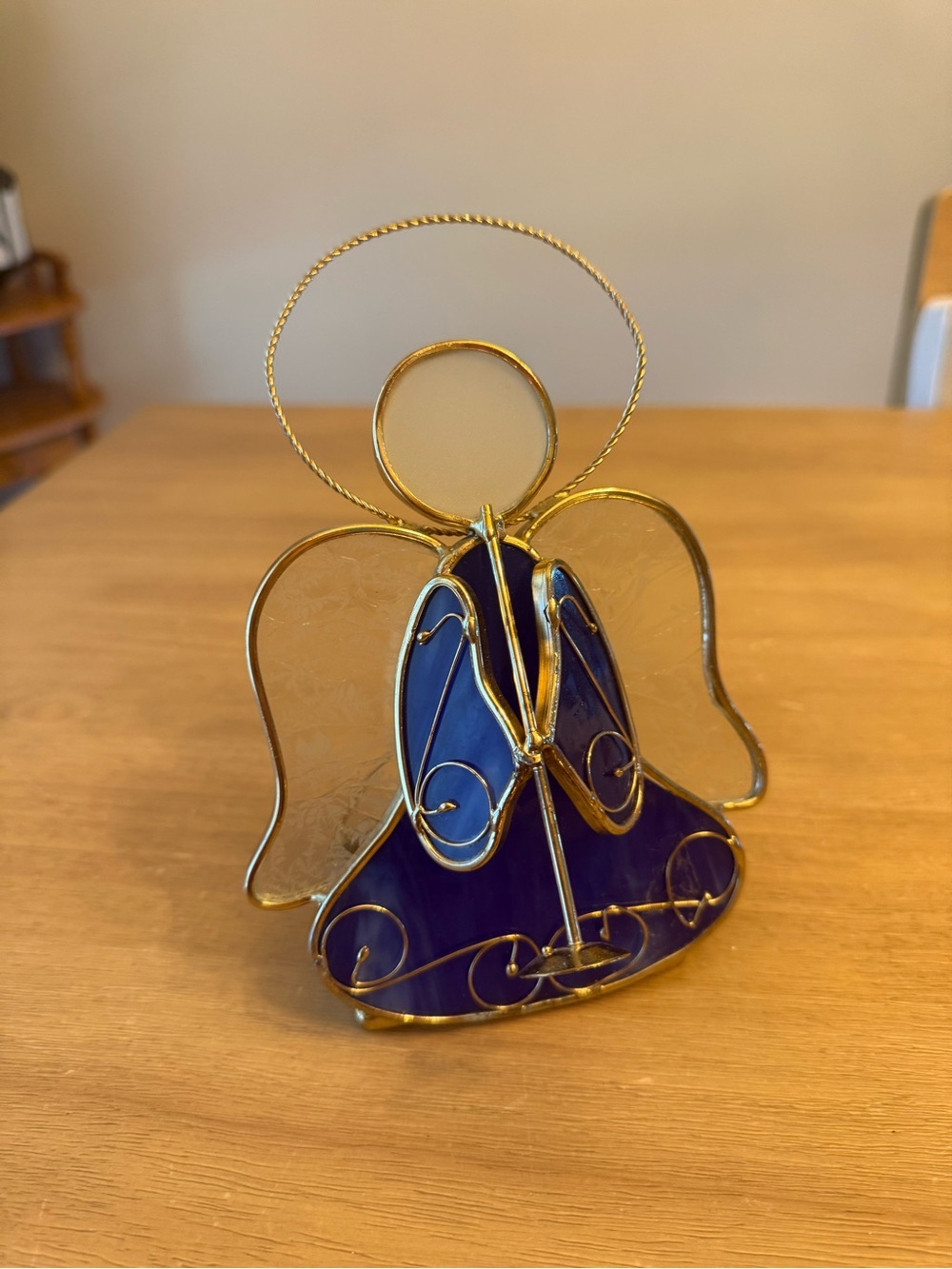 Stained Glass Angel Blue & Clear w/ Votive / Tea Light Candle Holder Gold Finish